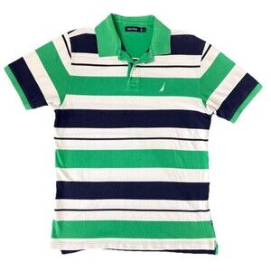 Nautica Mens Striped Polo Shirt Y2K‎ Coastal Casual Preppy Sailboat Logo Sz Lg